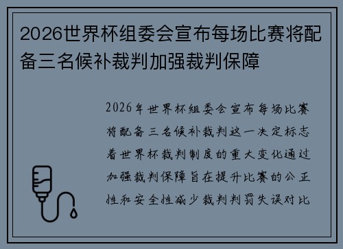 2026世界杯组委会宣布每场比赛将配备三名候补裁判加强裁判保障