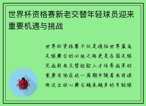 世界杯资格赛新老交替年轻球员迎来重要机遇与挑战