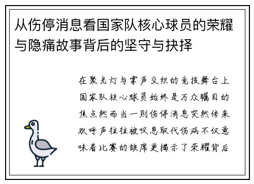 从伤停消息看国家队核心球员的荣耀与隐痛故事背后的坚守与抉择